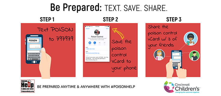 Text POISON to 797979 to add poison control as a contact in your mobile phone.
